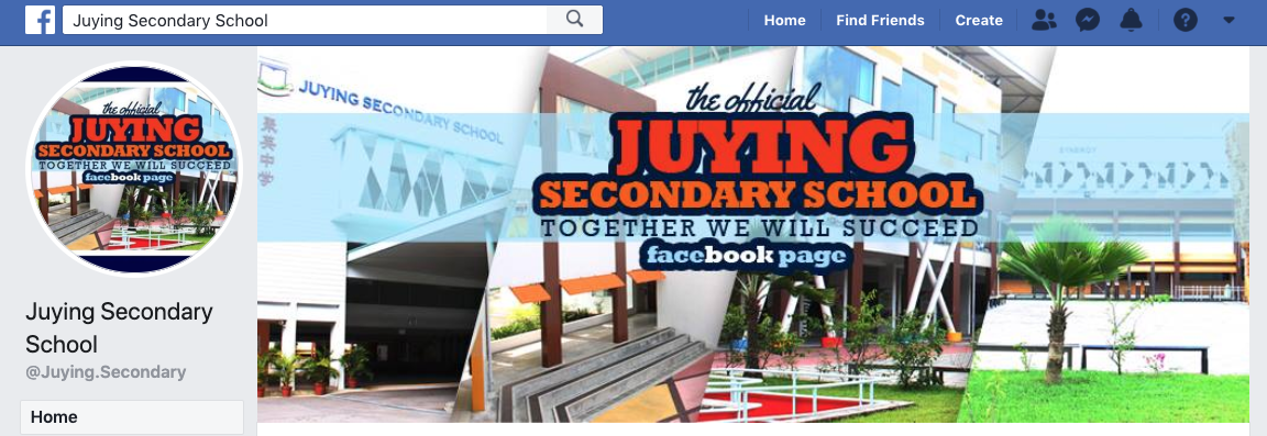 Facebook page for Juying Secondary School showing school building photos and the motto Together We Will Succeed.